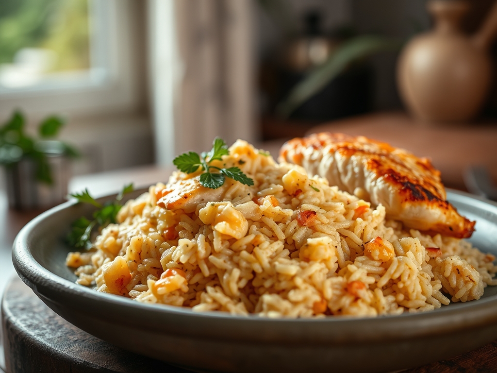 Freshly prepared creamy rice and chicken recipes