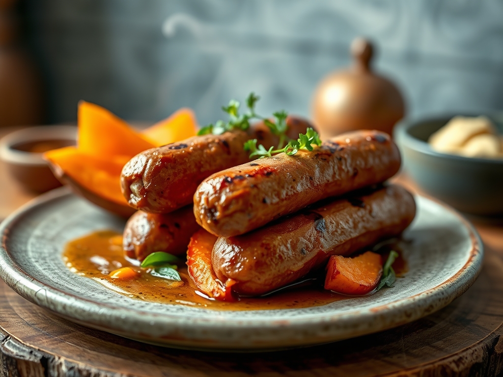 Freshly prepared sausages and sweet potato recipes