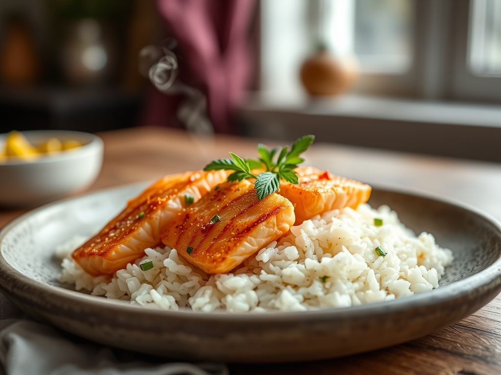 Freshly prepared white rice and salmon recipes